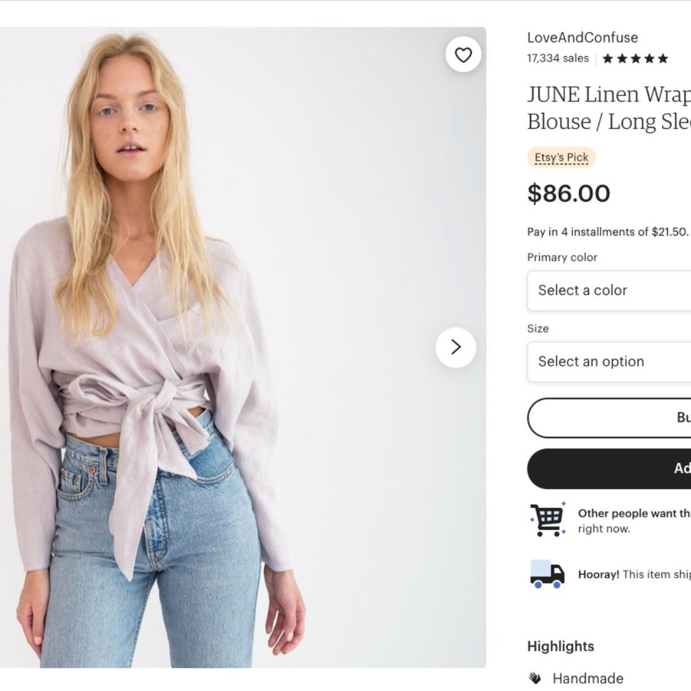 Linen Wrap Top / Linen Wrap Blouse / Long Sleeve L